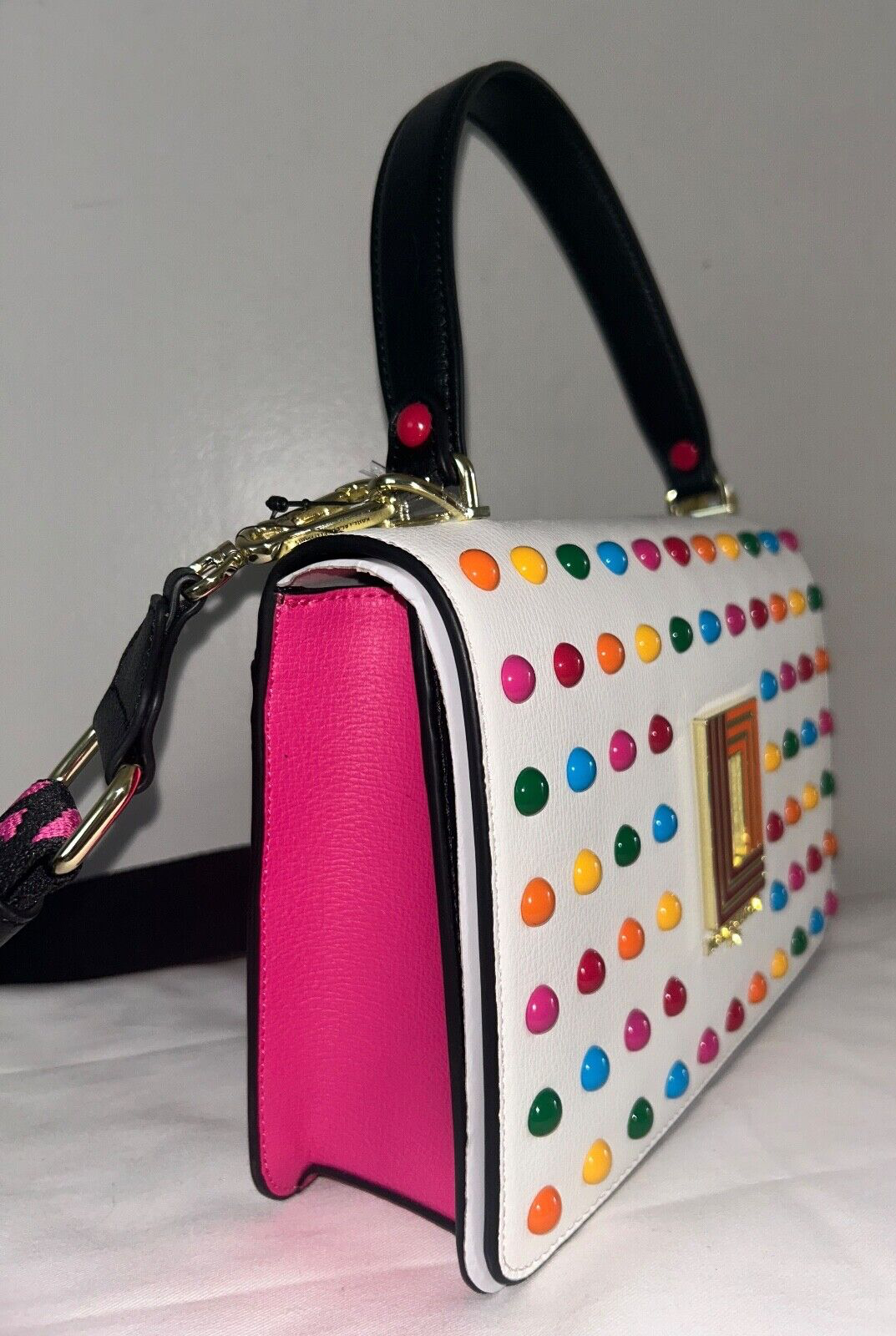 NEW! NWT KARL LAGERFELD Simone Rainbow Studded Crossbody Bag White/Pink Multi