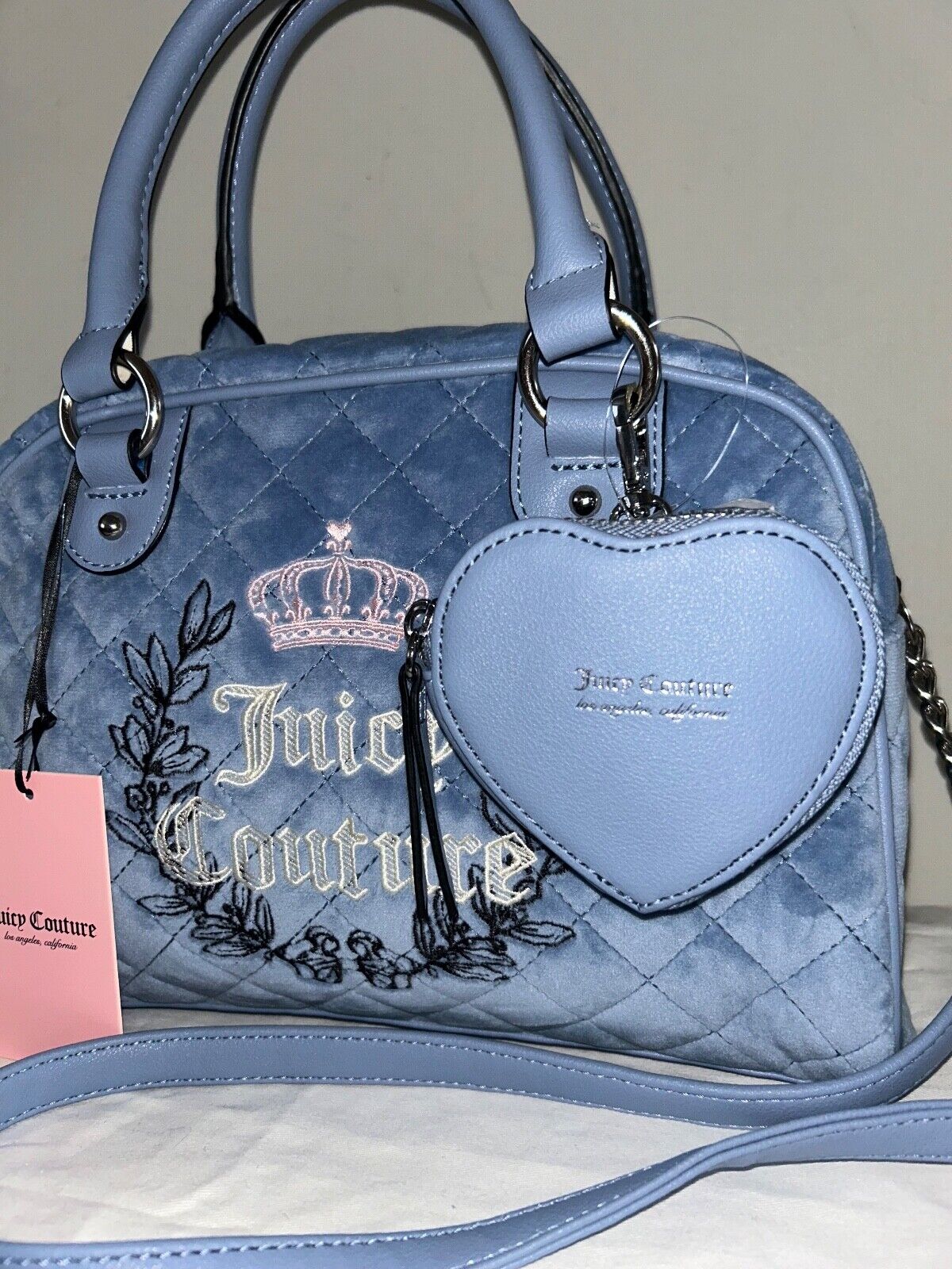 NEW! NWT JUICY COUTURE Royal Moment Velour Quilted Bowler Bag Slate Blue