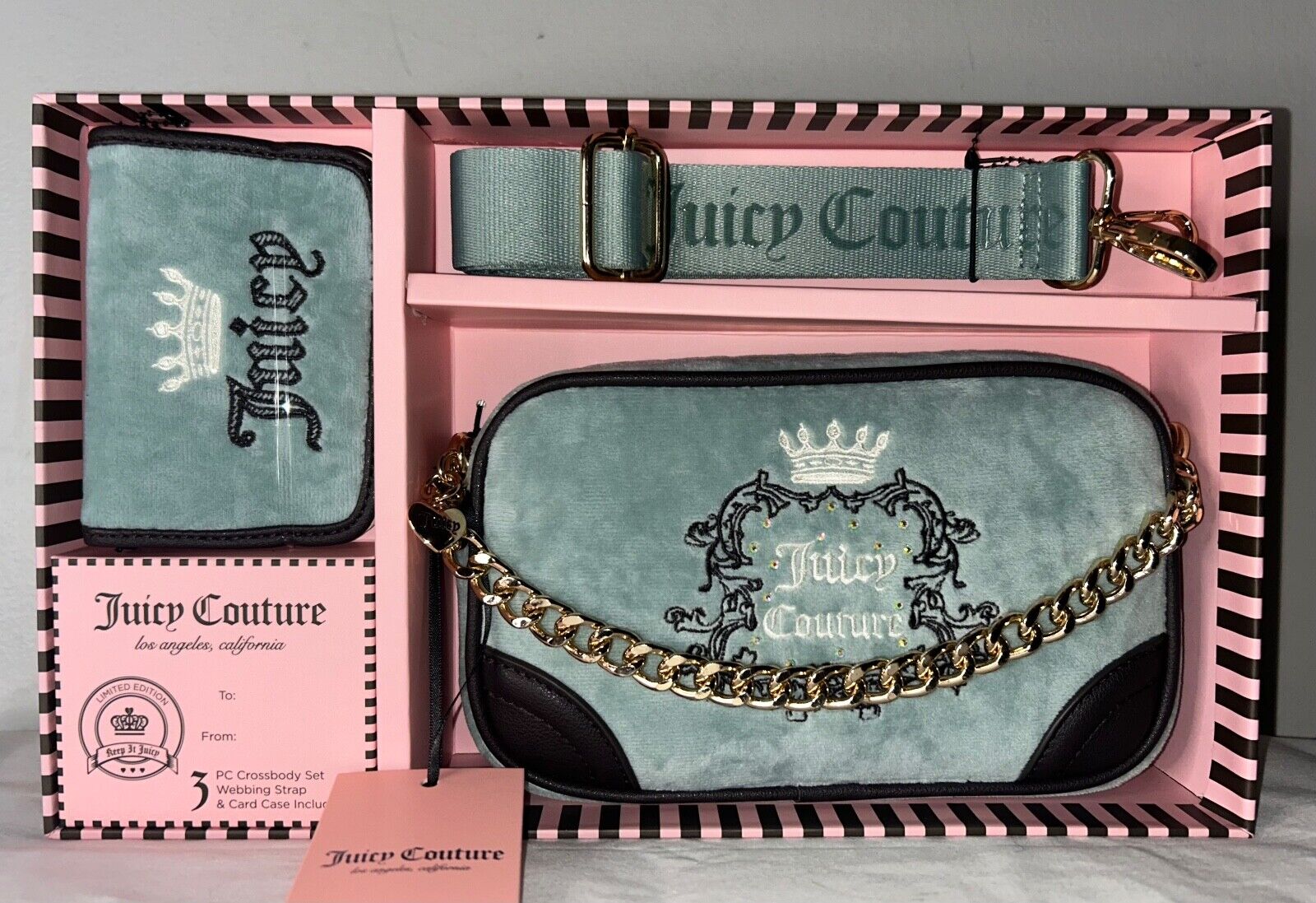 NEW! NWT JUICY COUTURE Heritage Velour Crossbody Bag 3 Piece Set Cool Blue