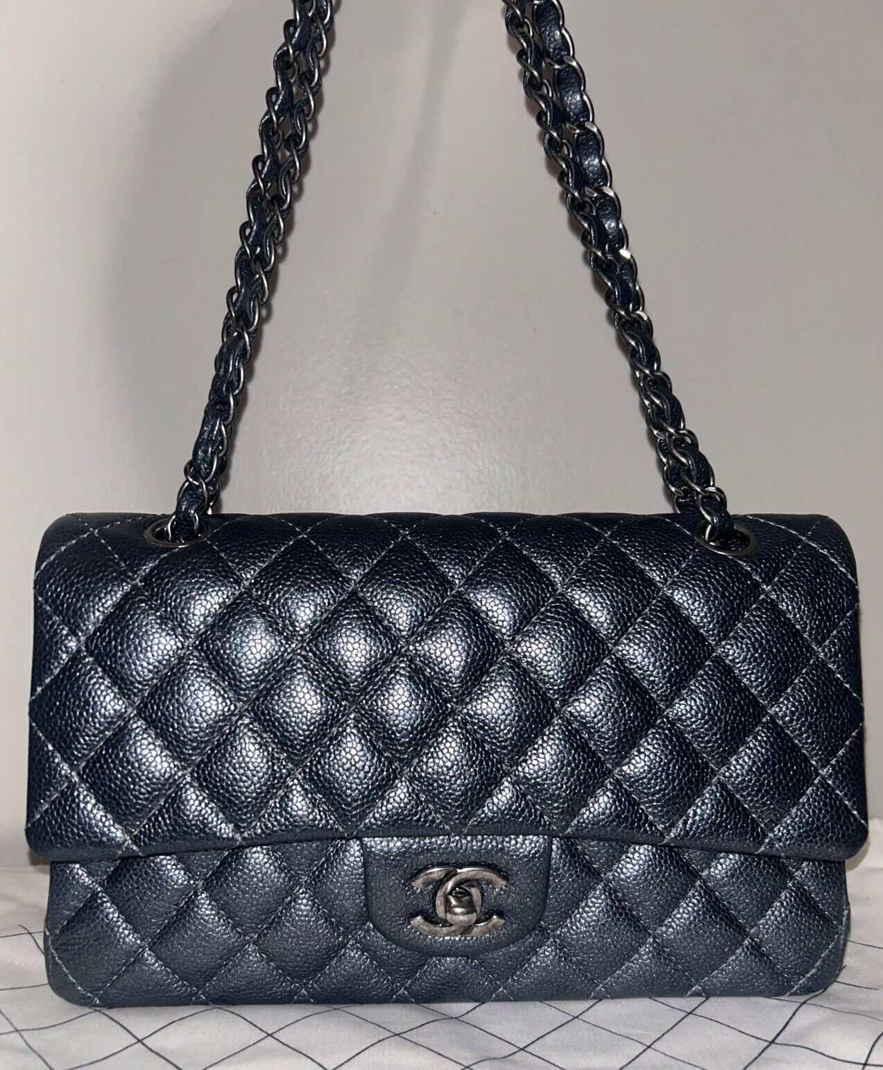 CHANEL Classic Medium Double Flap Pearly Caviar Quilted Leather Handbag Charcoal