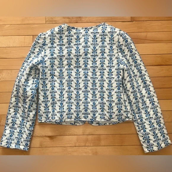 NEW! NWT CAROLINE CONSTAS Bow Floral Patchwork Linen Jacket Blue/White Size S