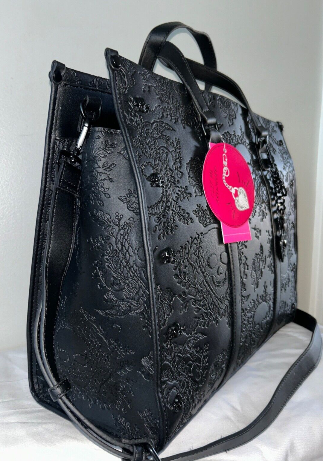 NEW! NWT BETSEY JOHNSON Large Skull Embossed XOMattie Tote Bag Black