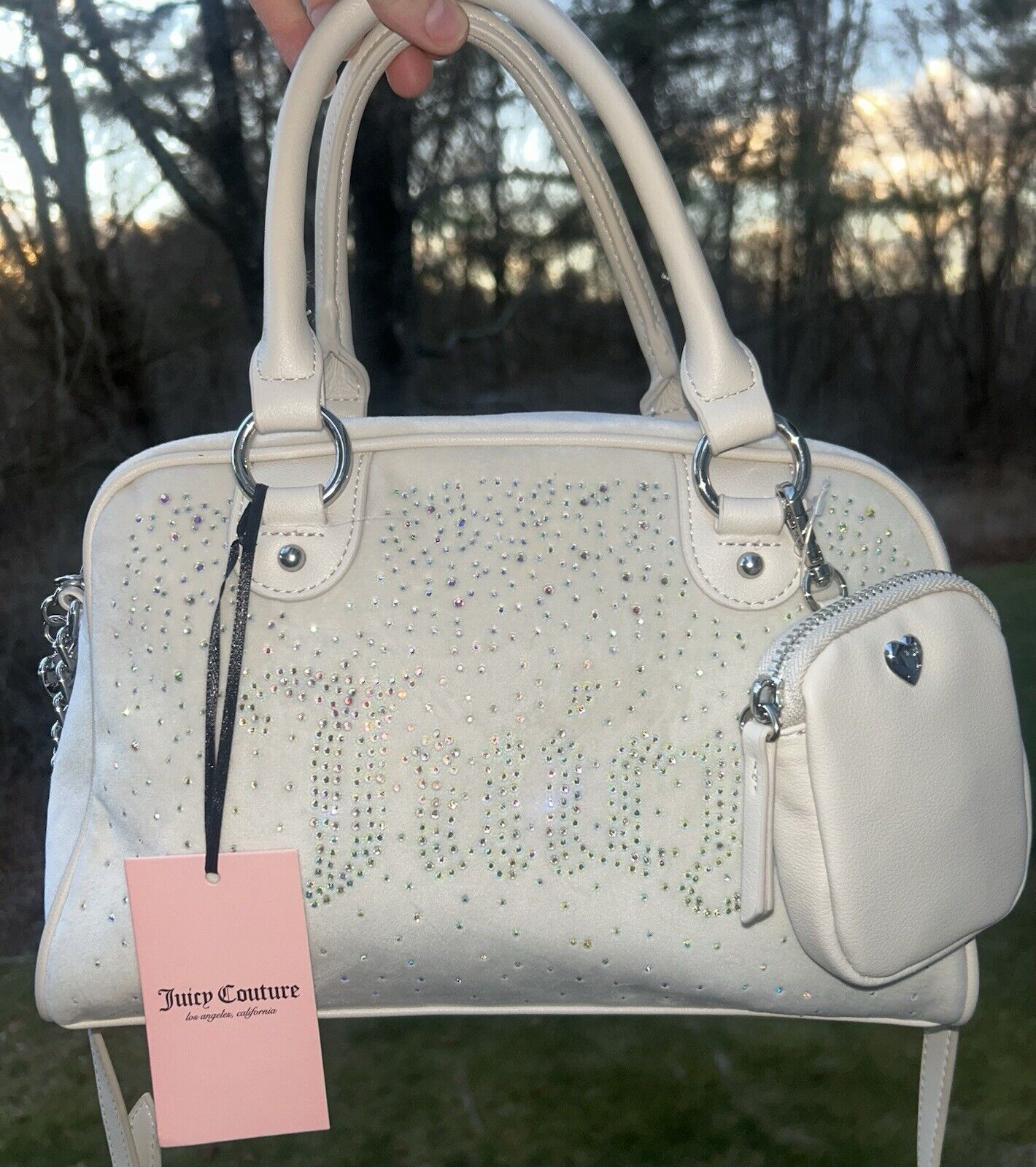 NEW! NWT JUICY COUTURE Let It Shine Bowler Velour Crossbody Bag Crystal Ivory