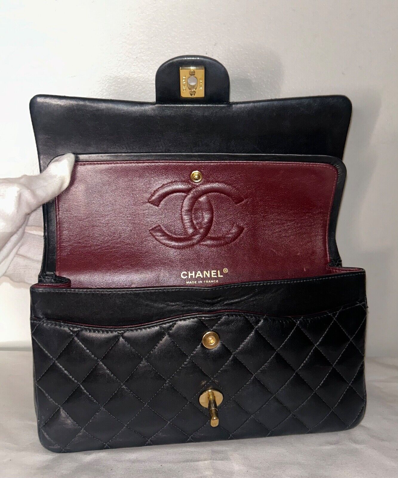 CHANEL Classic Medium Double Flap Lambskin Quilted Handbag Black/Gold