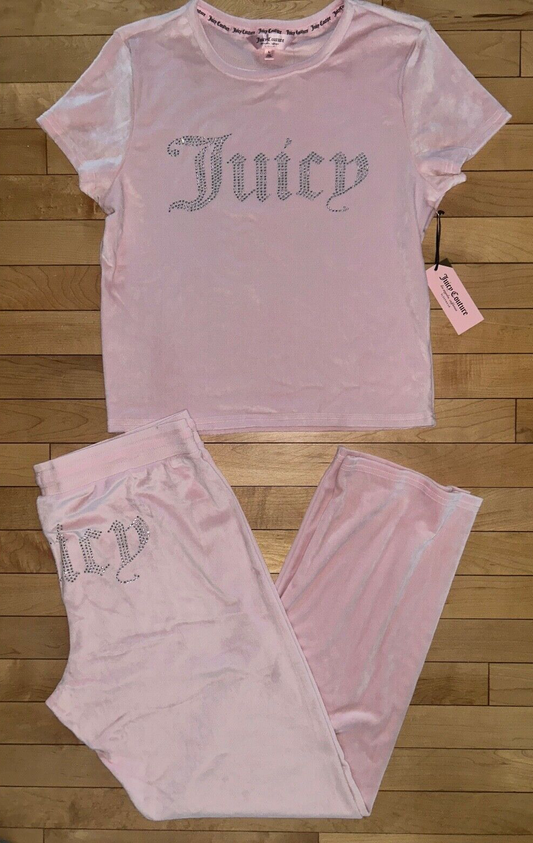 NEW! NWT JUICY COUTURE Velour Bling Logo Lounge Set in Lola Blush Pink Size L