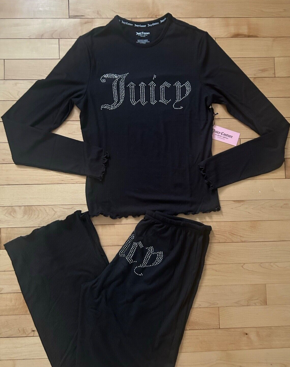 NEW! NWT JUICY COUTURE Bling Logo Lounge Top & Pant Set in Black Size L