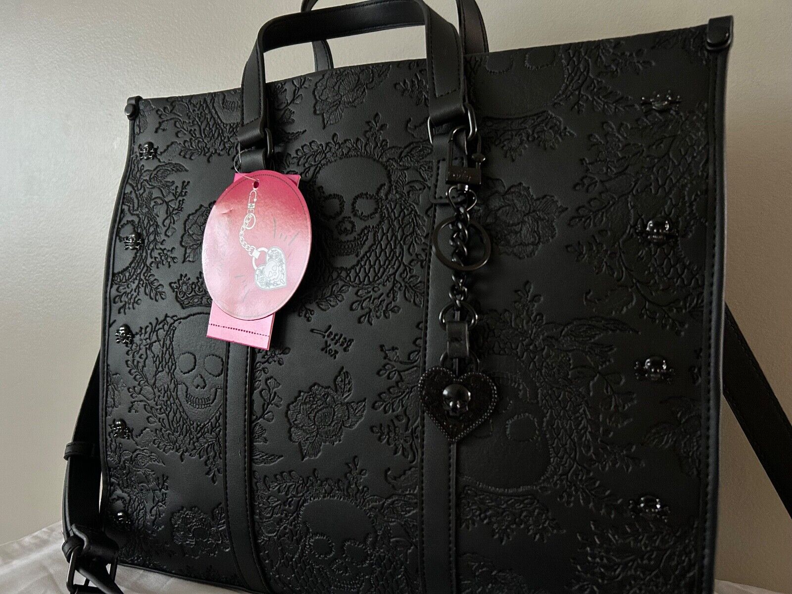 NEW! NWT BETSEY JOHNSON Large Skull Embossed XOMattie Tote Bag Black