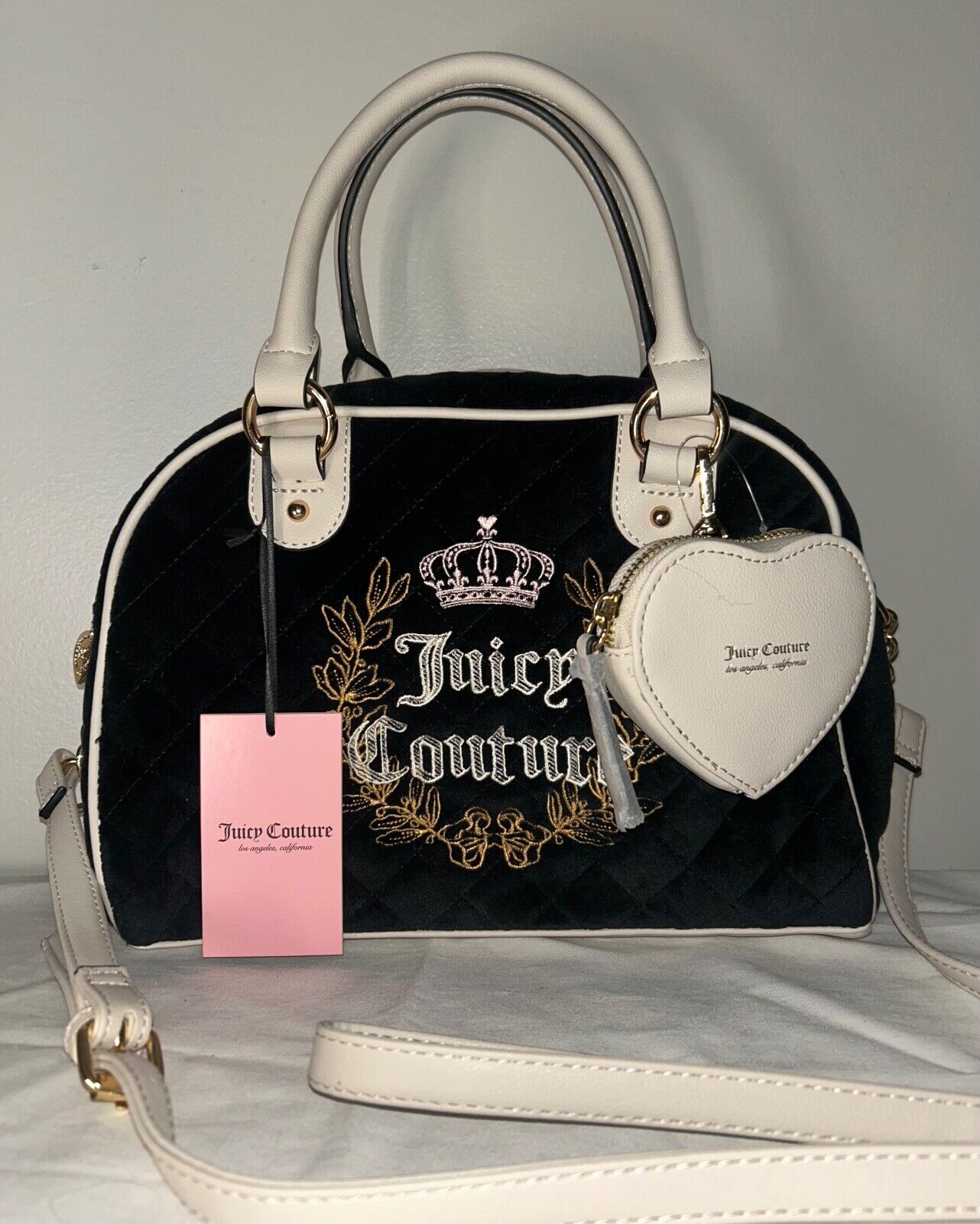 NEW! NWT JUICY COUTURE Royal Moment Velour Quilted Bowler Bag Black/Crystal