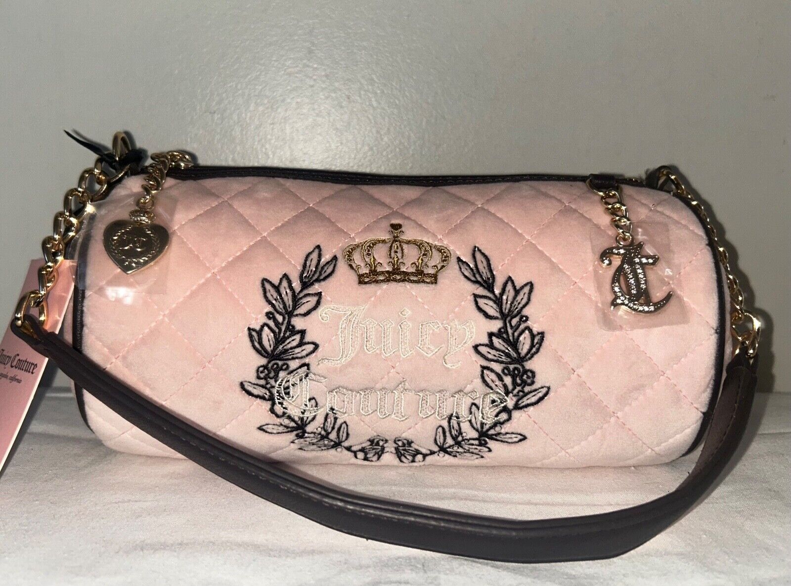 NEW! NWT JUICY COUTURE Royal Moment Velour Quilted Mini Barrel Bag Pink Clay
