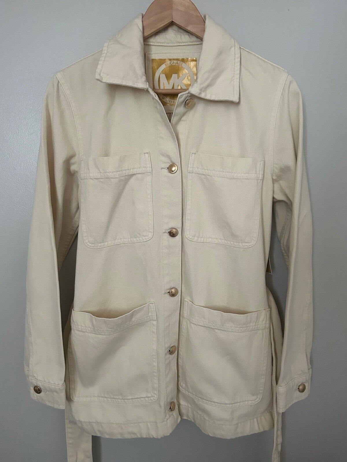 $195 NEW ! NWT MICHAEL KORS Cotton Long Denim Tie Jacket in Bone Ivory Size S