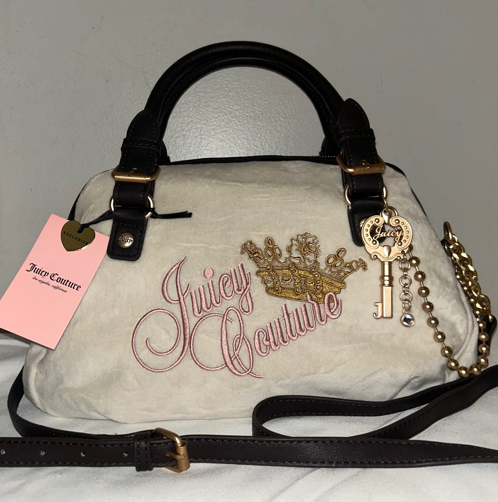 NEW! NWT JUICY COUTURE The Key To Juicy Velour Satchel Bag Crystal Ivory