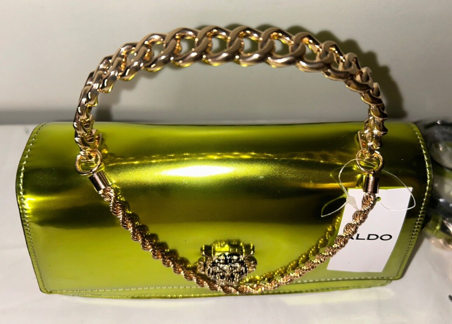 NEW! NWT ALDO Mini Top Handle Chain Tiger Bag Patent Shiny Green