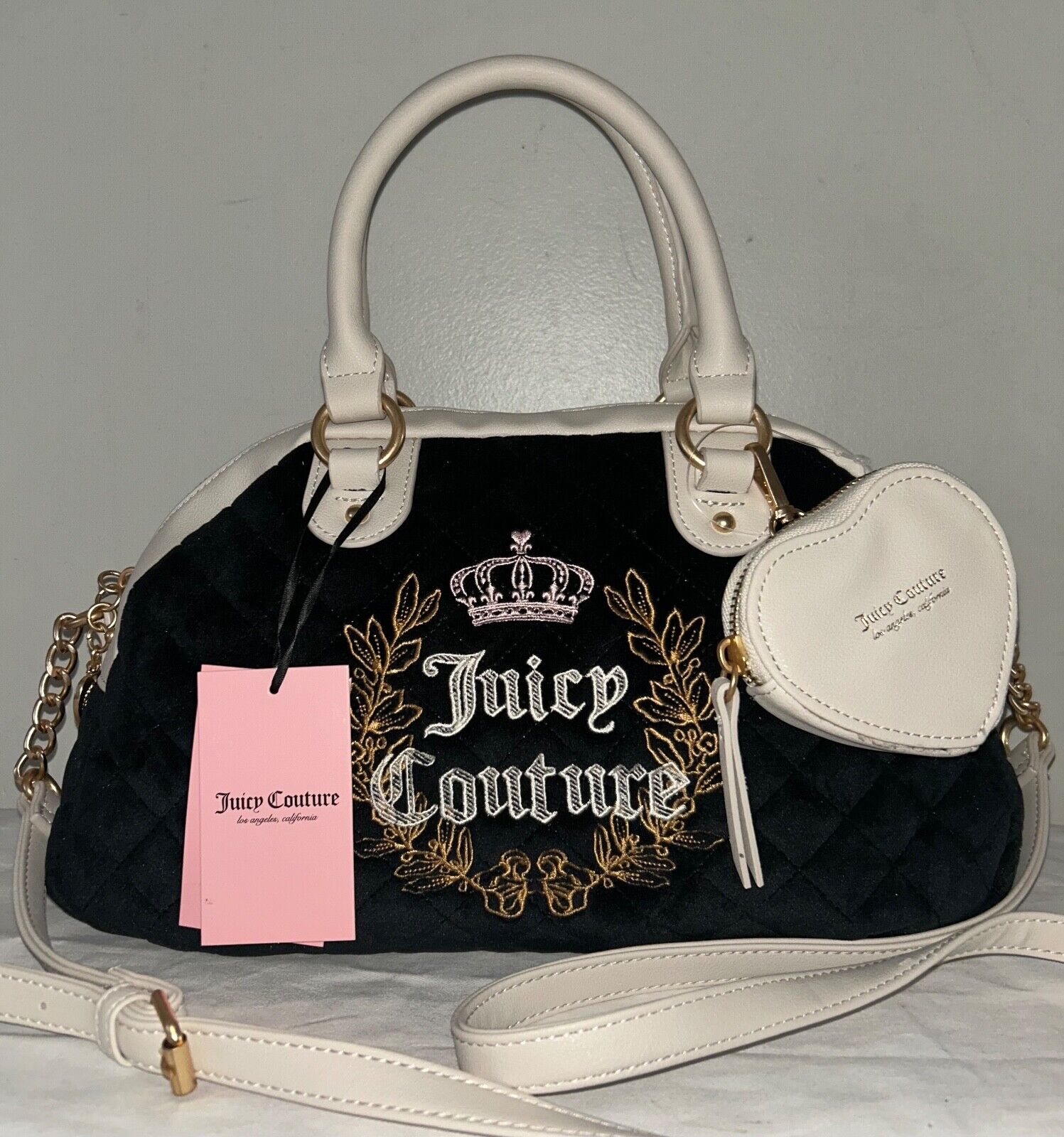 NEW! NWT JUICY COUTURE Royal Couture Velour Quilted Satchel Bag Black/Crystal