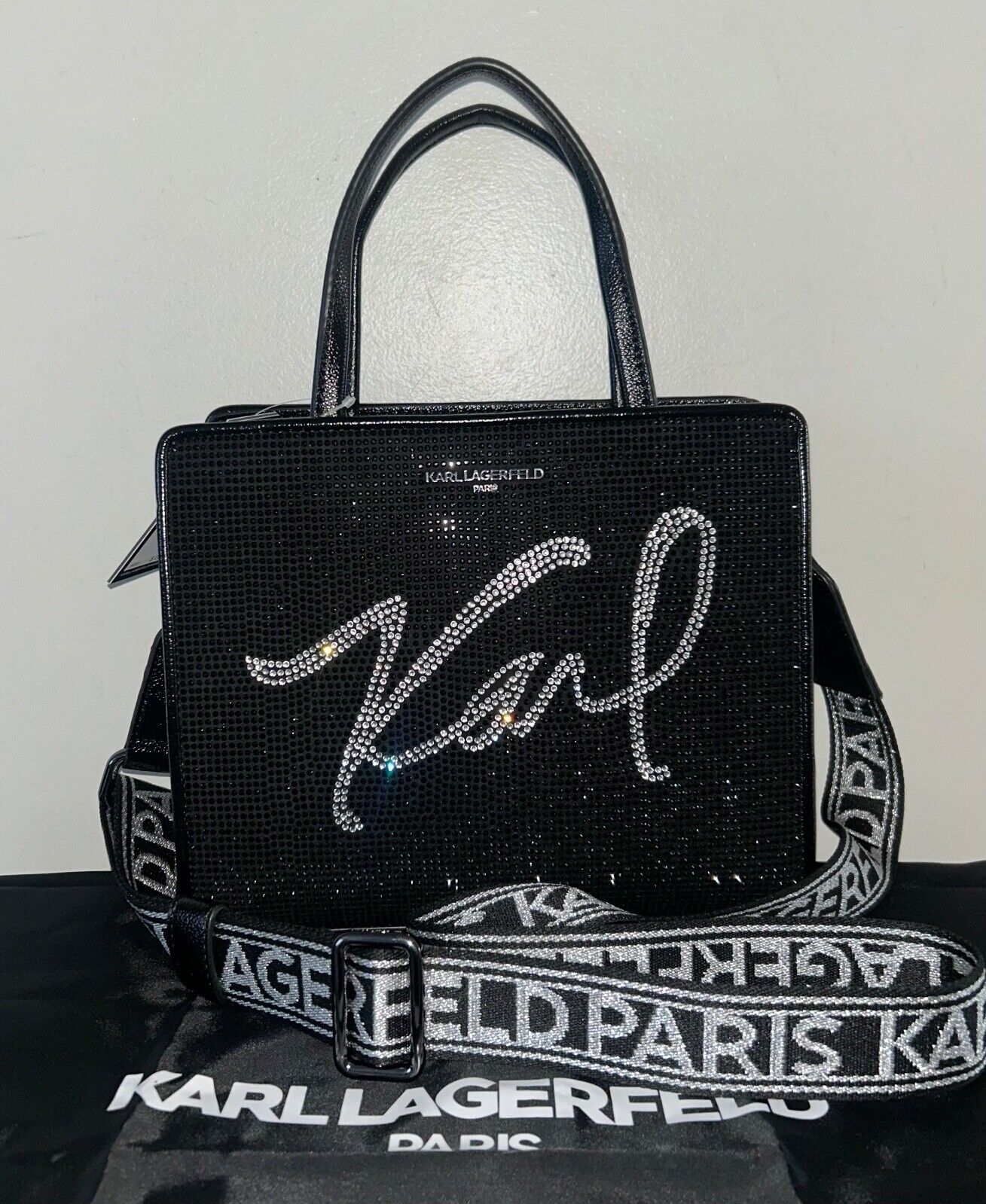 NEW! NWT KARL LAGERFELD Paris Maybelle Crystal Satchel Bag Black Metallic