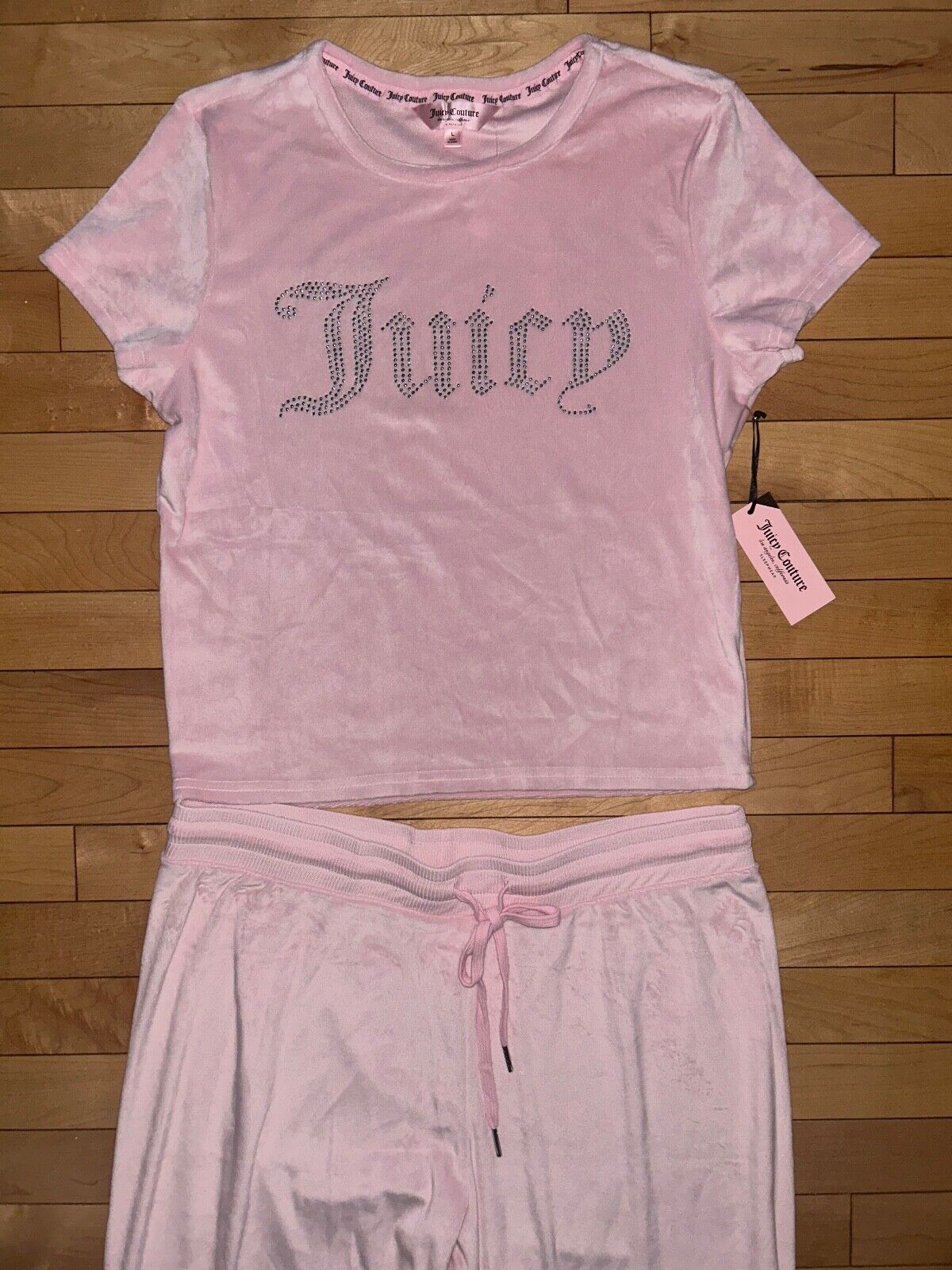 NEW! NWT JUICY COUTURE Velour Bling Logo Lounge Set in Lola Blush Pink Size L