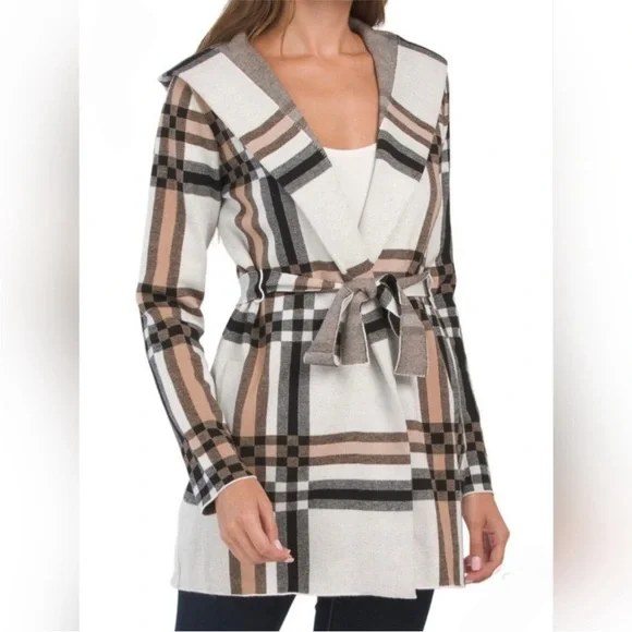 NEW! NWT CHRISTIAN SIRIANO Hooded Plaid Cardigan Sweater White/Tan Multi Size S