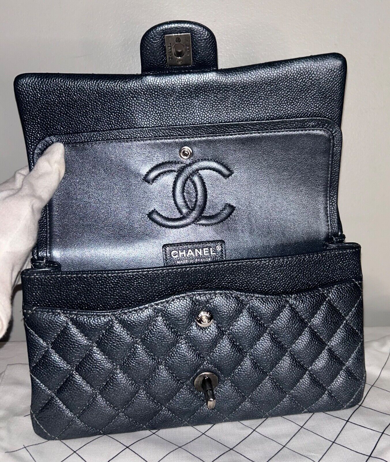 CHANEL Classic Medium Double Flap Pearly Caviar Quilted Leather Handbag Charcoal