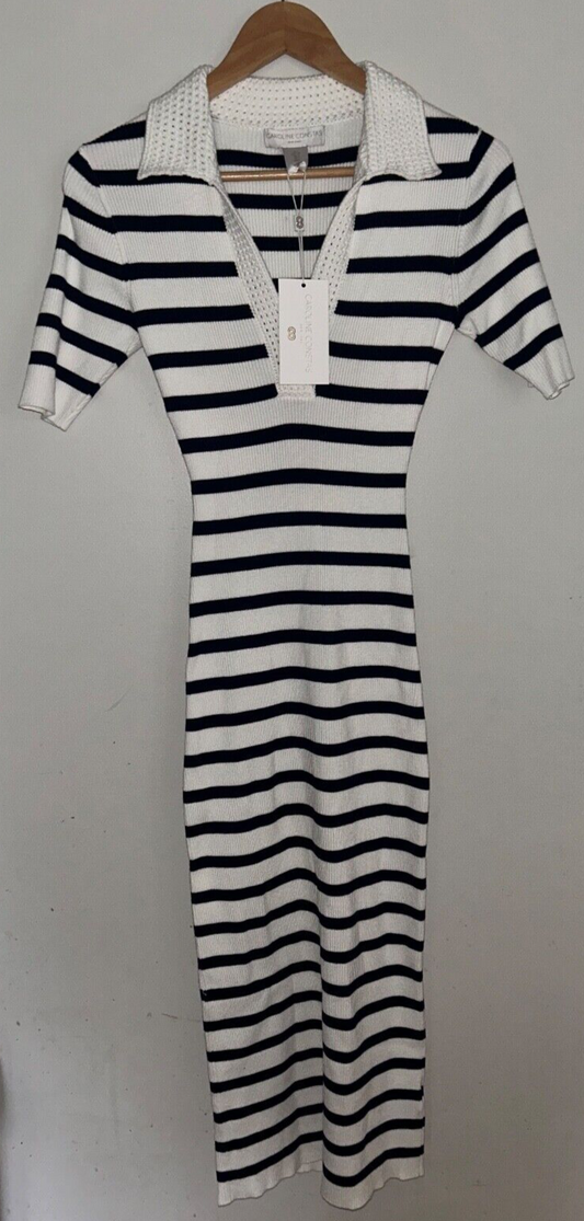 $695 NEW! NWT CAROLINE CONSTAS Knit Stretch Midi Dress Striped White/Navy XS