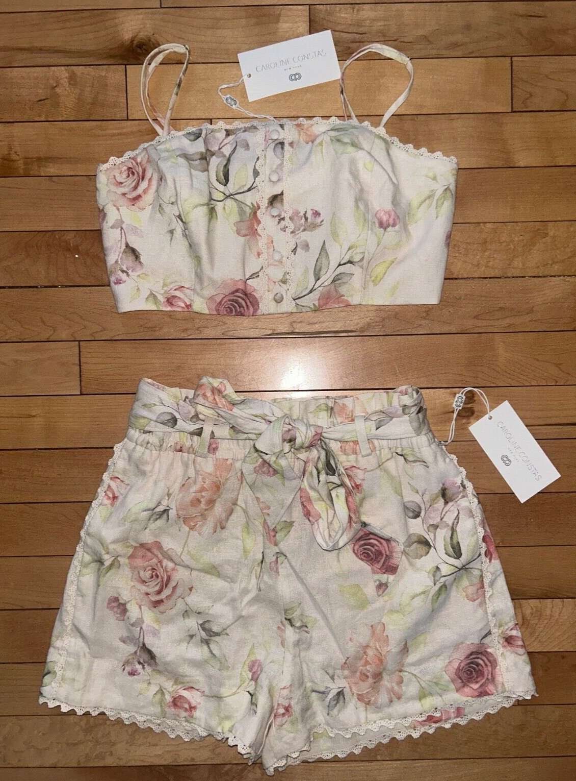 $695 NEW! NWT CAROLINE CONSTAS Linen Crop Top & Short Rose Print Set Size XS