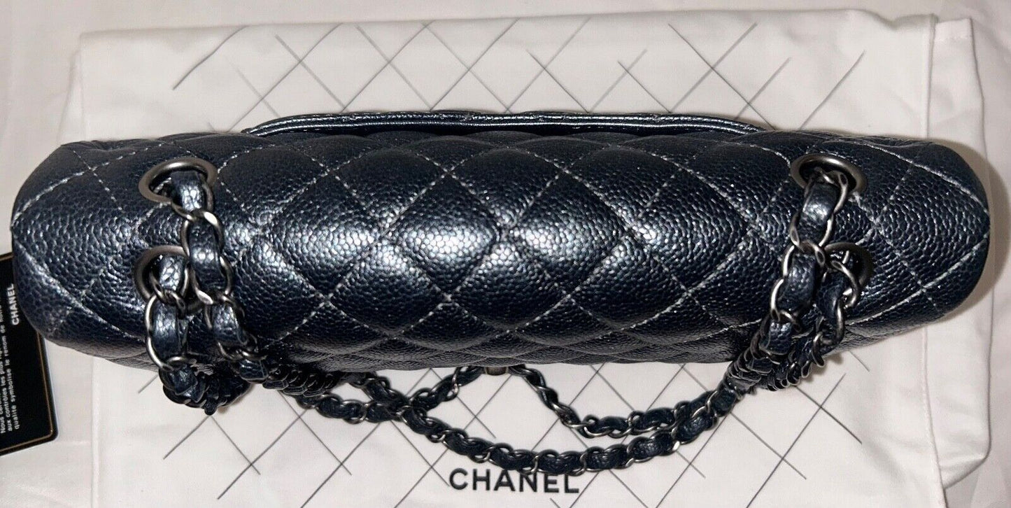 CHANEL Classic Medium Double Flap Pearly Caviar Quilted Leather Handbag Charcoal