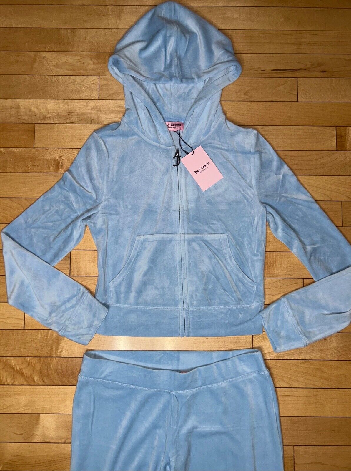 NEW! JUICY COUTURE Velour OG Bling Tracksuit Hoodie & Pant Set Light Blue Size L