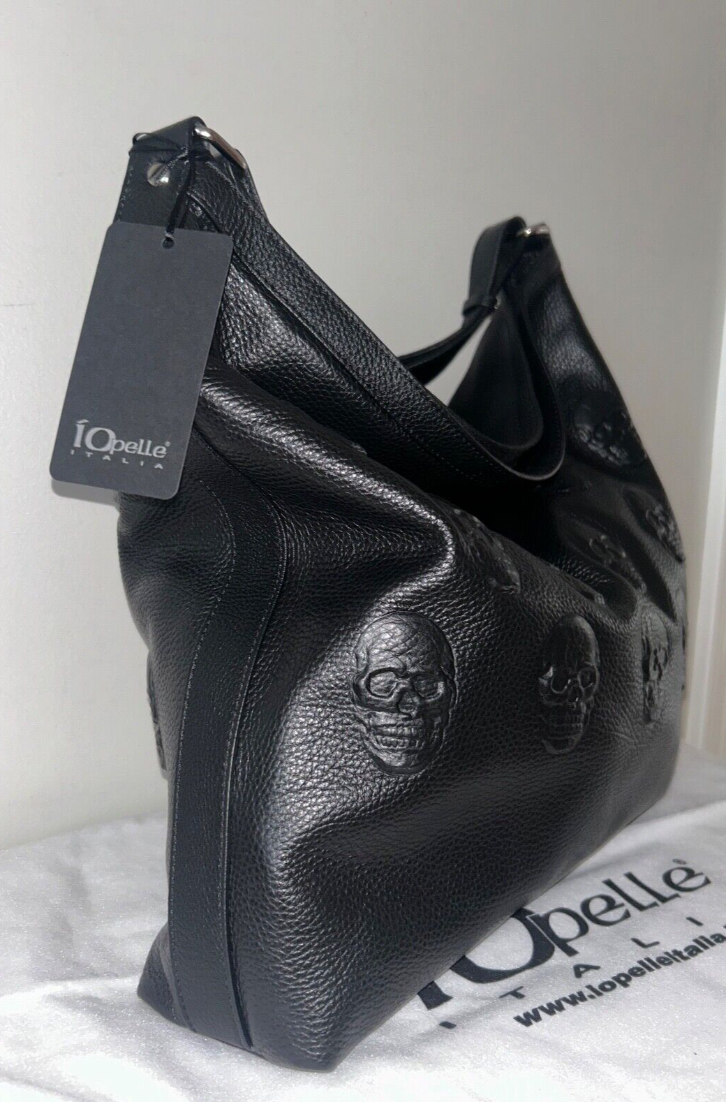 NEW! NWT IO PELLE Italy 3D Skull Leather Large Hobo Shoulder Bag Black