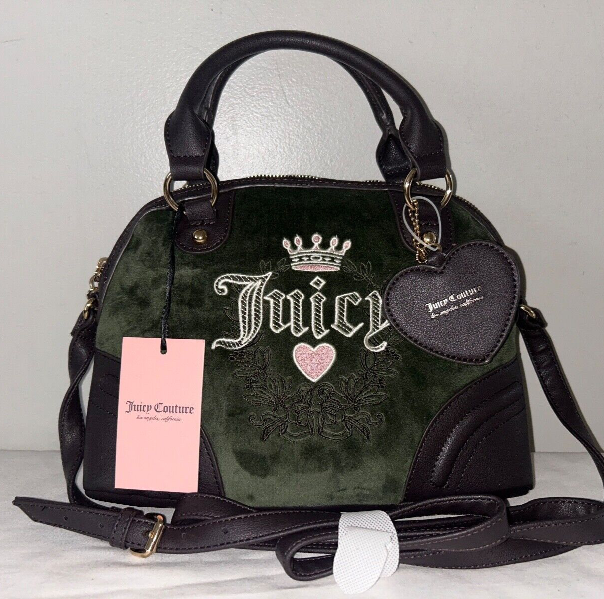 NEW! NWT JUICY COUTURE Heritage Dome Velour Satchel Bag Dark Green