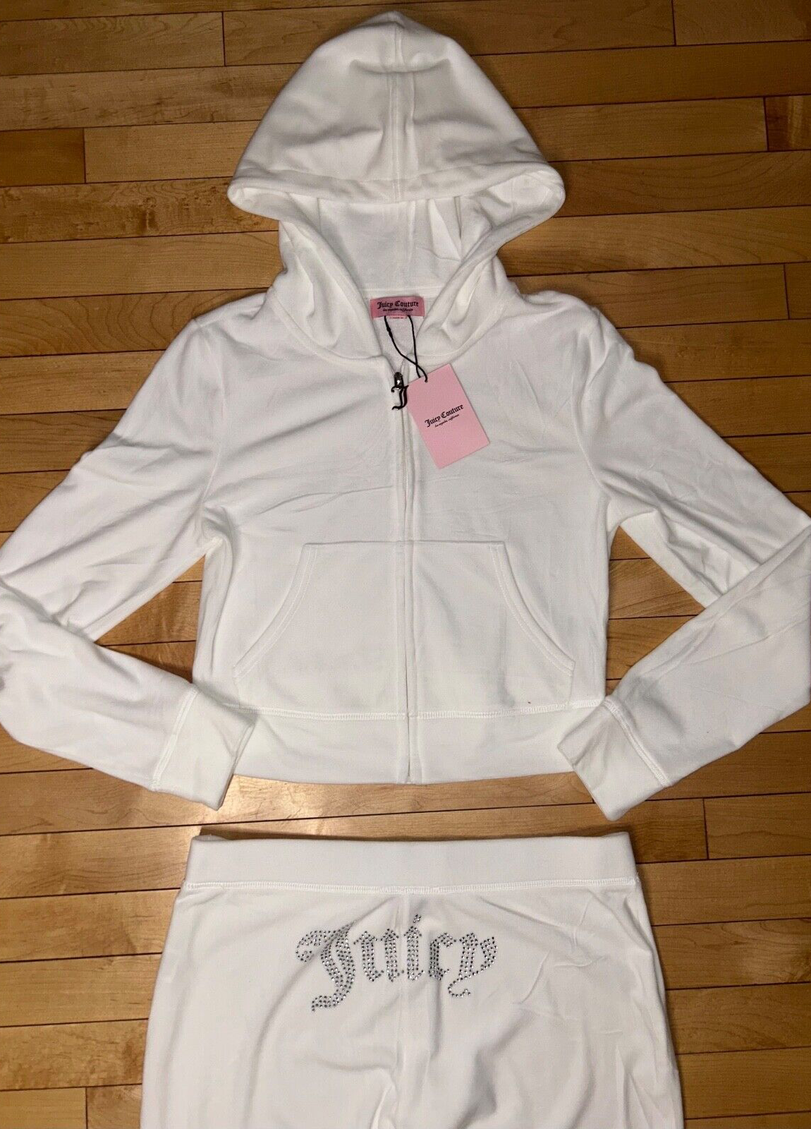 NEW! NWT JUICY COUTURE Velour OG Bling Tracksuit Hoodie & Pant Set White Size S