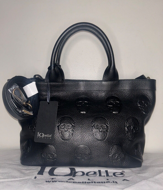 NEW! NWT IO PELLE Italy 3D Skull Leather Medium Tote Bag Black