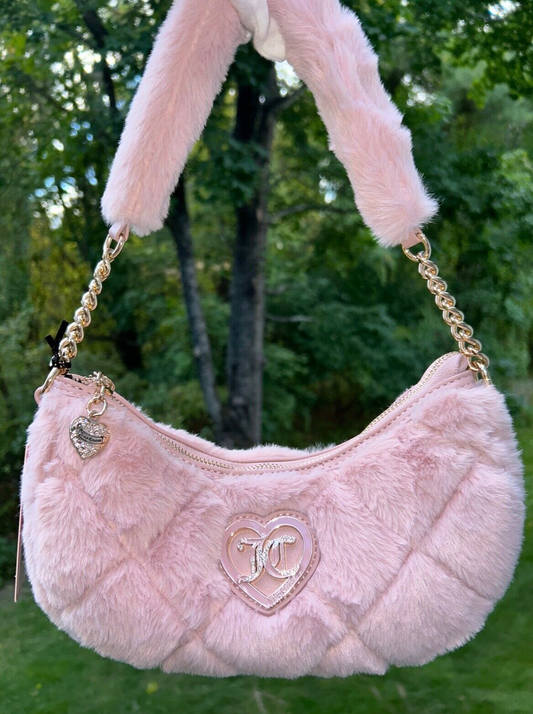 NEW! NWT JUICY COUTURE Lets Get Cozy Faux Fur Shoulder Bag Dusty Blush Pink