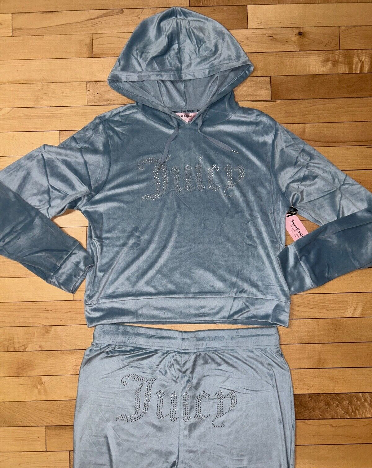 NEW! NWT JUICY COUTURE Velour OG Big Bling Hoodie & Pant Set Montana Blue Size L