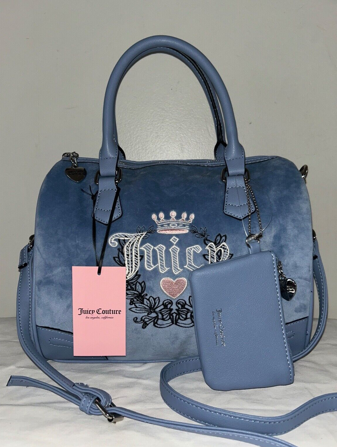 NEW! NWT JUICY COUTURE Heritage Satchel Velour Handbag Slate Blue