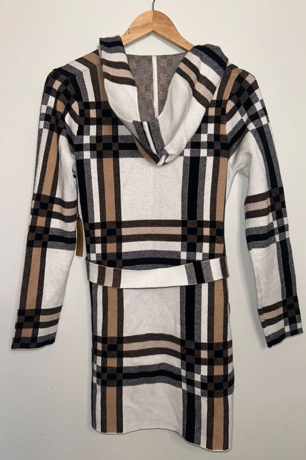 NEW! NWT CHRISTIAN SIRIANO Hooded Plaid Cardigan Sweater White/Tan Multi Size S