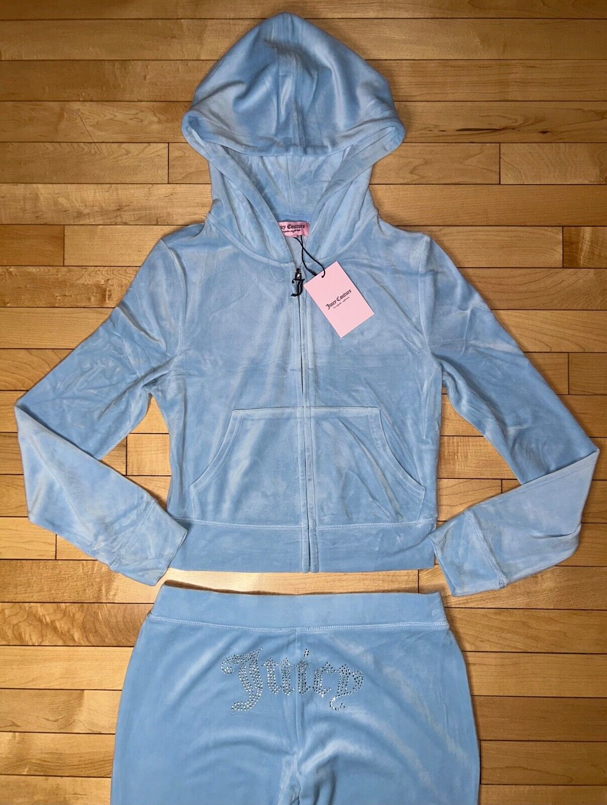 NEW! JUICY COUTURE Velour OG Bling Tracksuit Hoodie & Pant Set Light Blue Size L