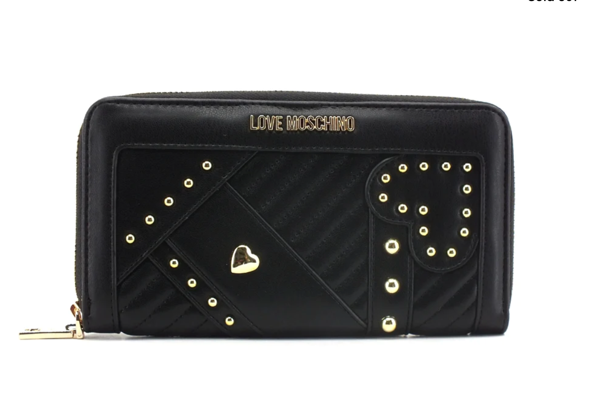 NEW ! NWT LOVE MOSCHINO Studded Zip Around Logo Wallet Black/Gold