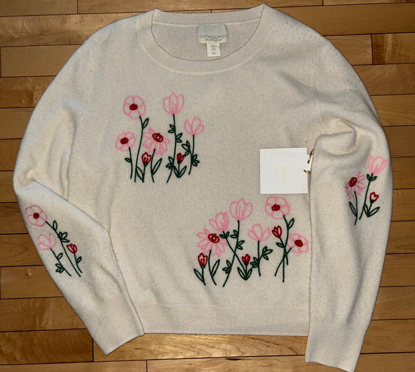 NEW ! NWT CYNTHIA ROWLEY 100% Cashmere Flower Embroidered Sweater Cream Size XL