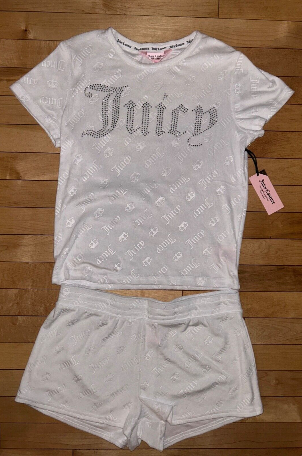 NEW ! NWT JUICY COUTURE Velour JC Crown Bling Logo Set White Size L