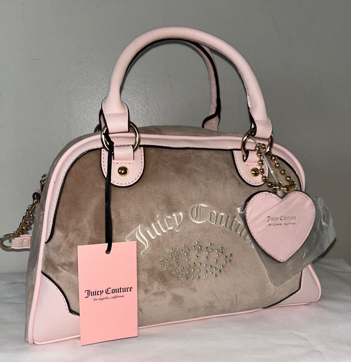 NEW! NWT JUICY COUTURE Urban Heritage Bowler Velour Crossbody Bag Cafe/Pink