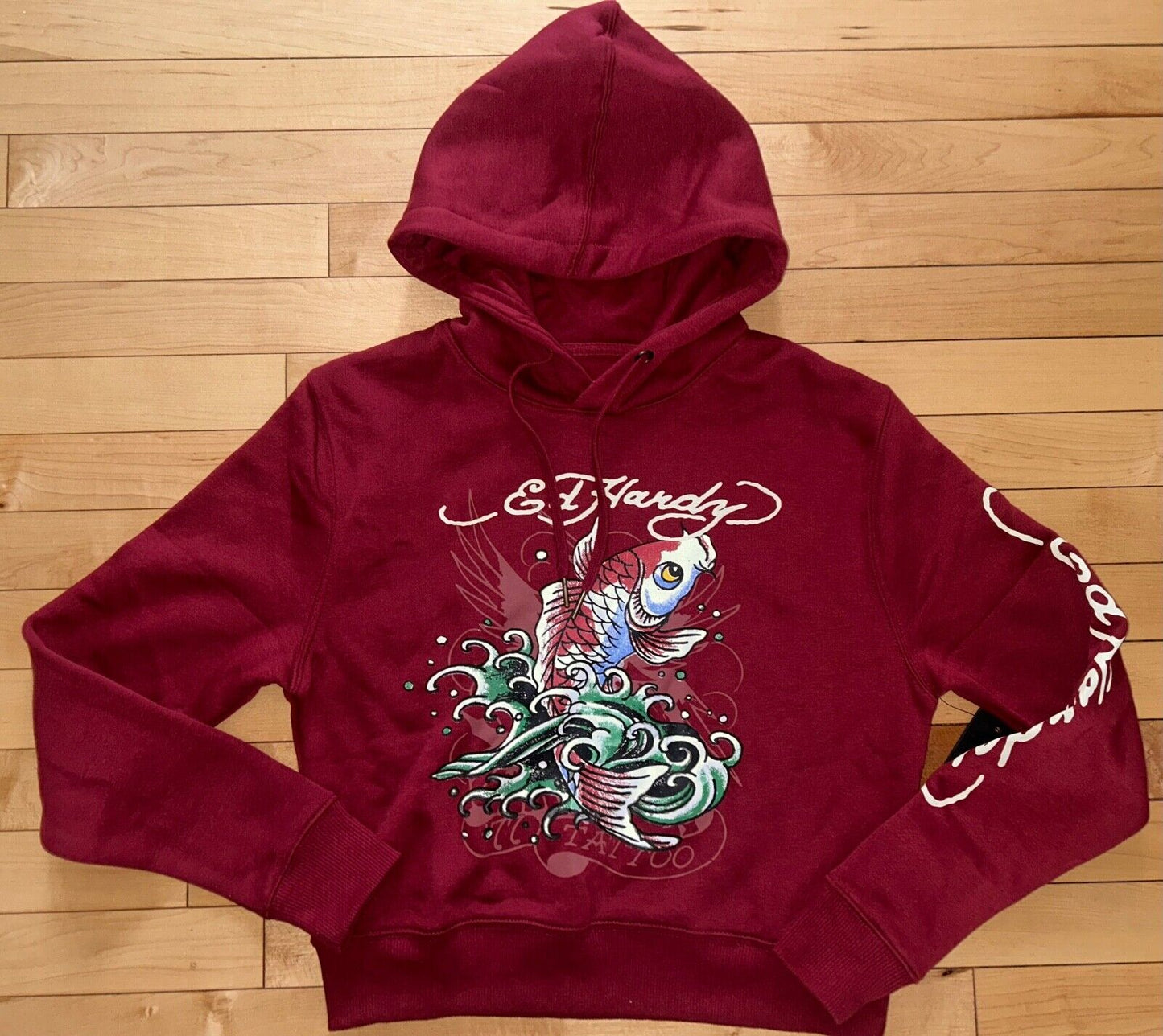 NEW! NWT ED HARDY Koi Fish Pullover Hoodie Sweatshirt in Wine Size S