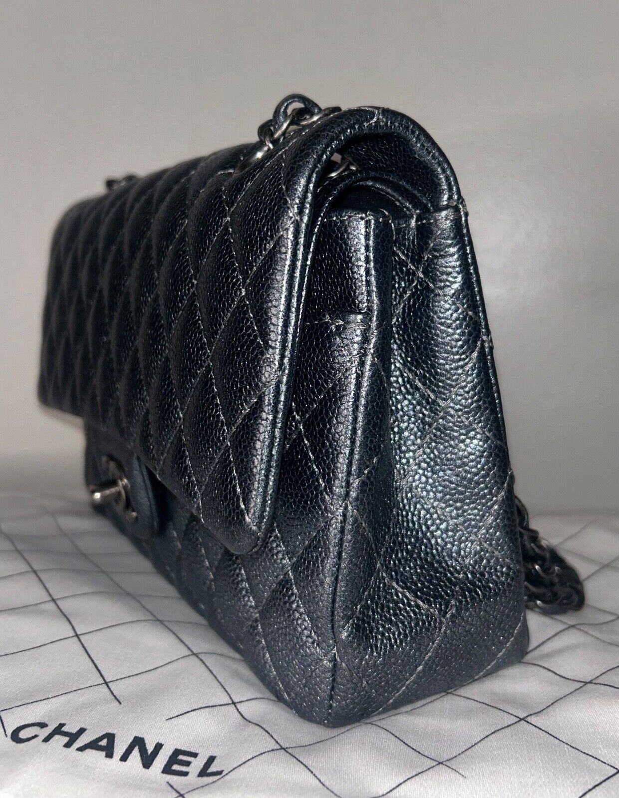 CHANEL Classic Medium Double Flap Pearly Caviar Quilted Leather Handbag Charcoal