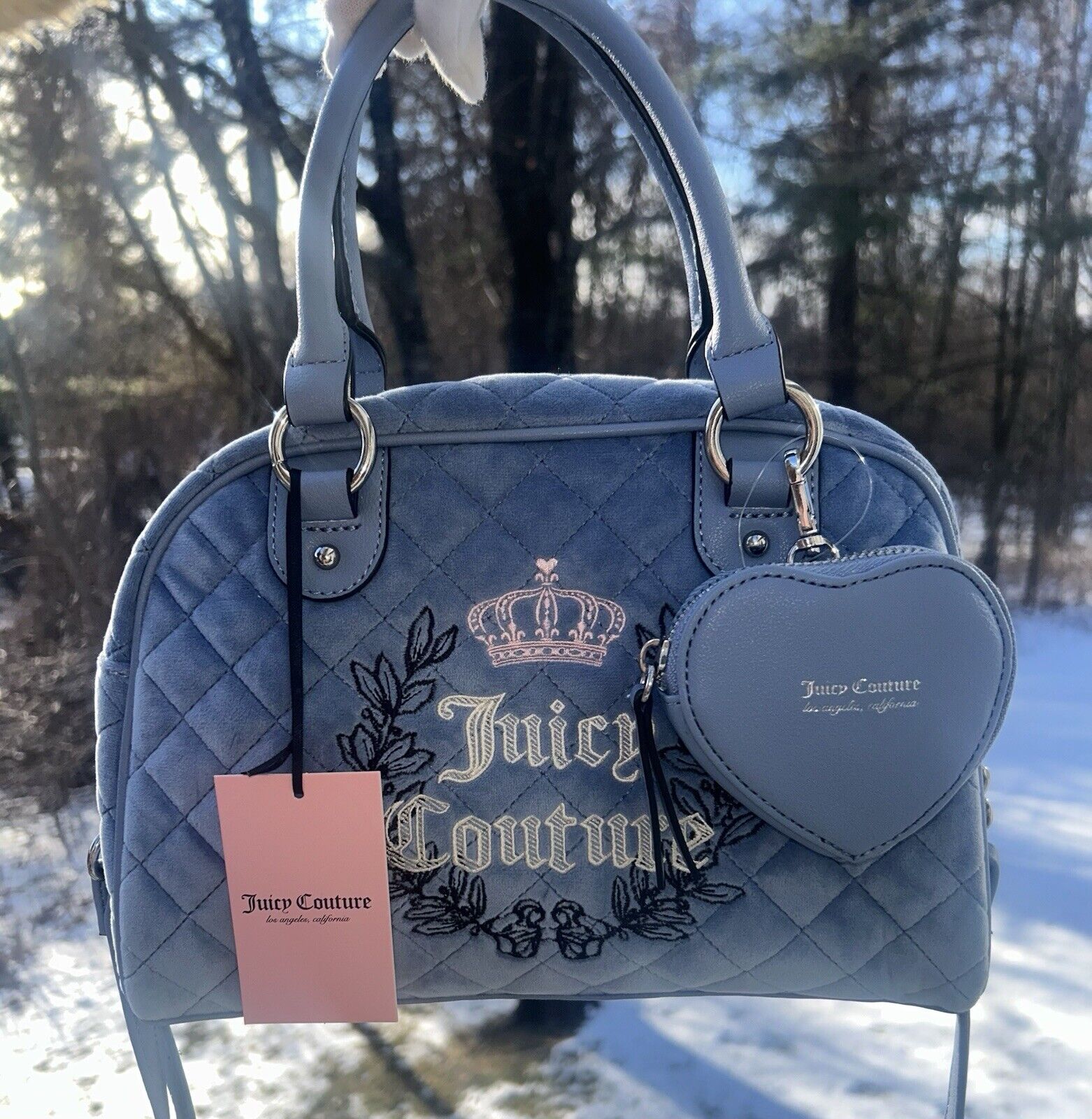 NEW! NWT JUICY COUTURE Royal Moment Velour Quilted Bowler Bag Slate Blue