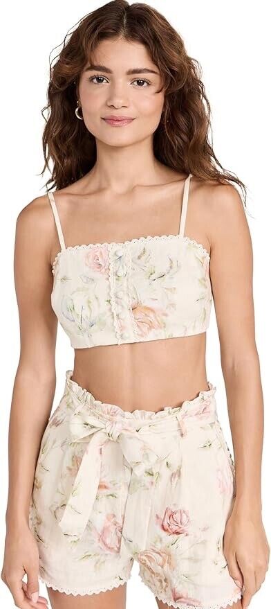 $695 NEW! NWT CAROLINE CONSTAS Linen Crop Top & Short Rose Print Set Size XS