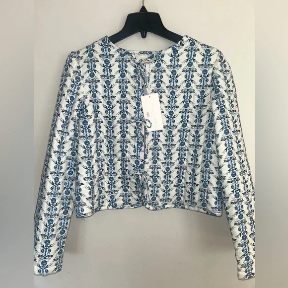 NEW! NWT CAROLINE CONSTAS Bow Floral Patchwork Linen Jacket Blue/White Size S