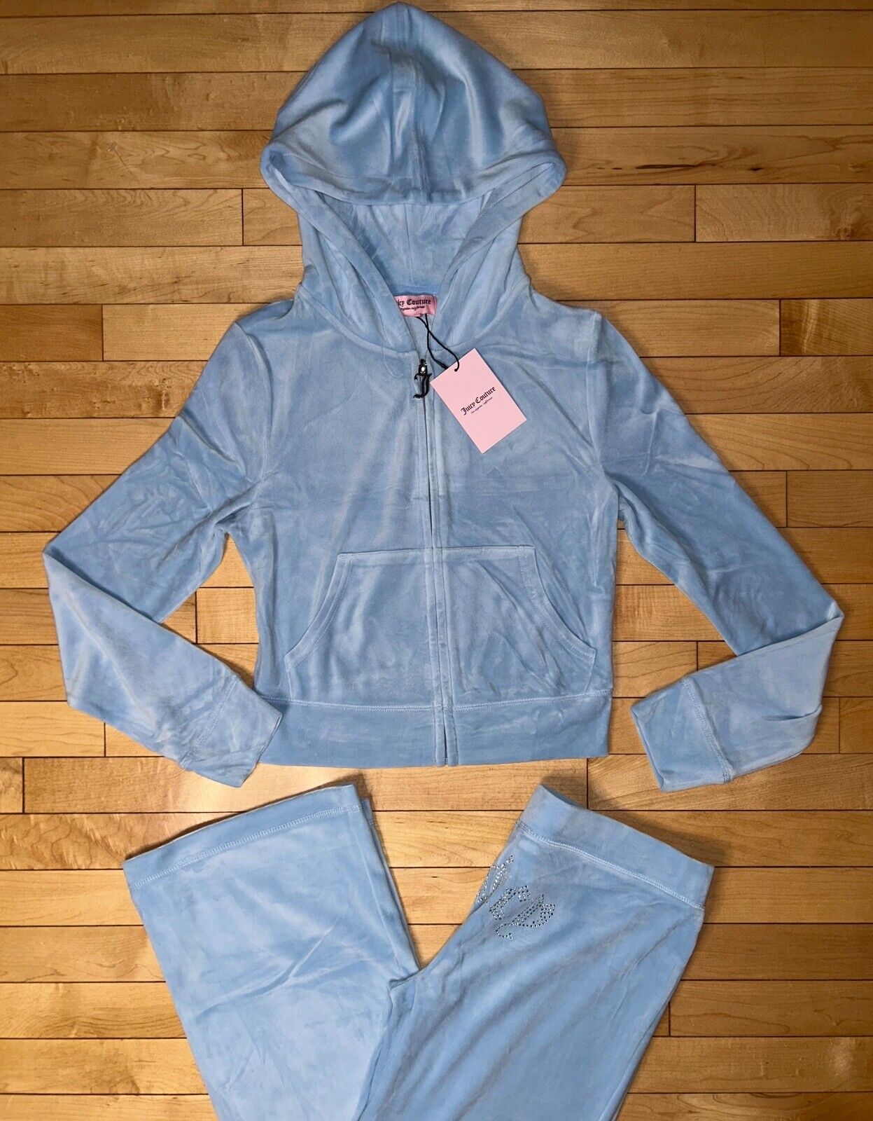 NEW! JUICY COUTURE Velour OG Bling Tracksuit Hoodie & Pant Set Light Blue Size L