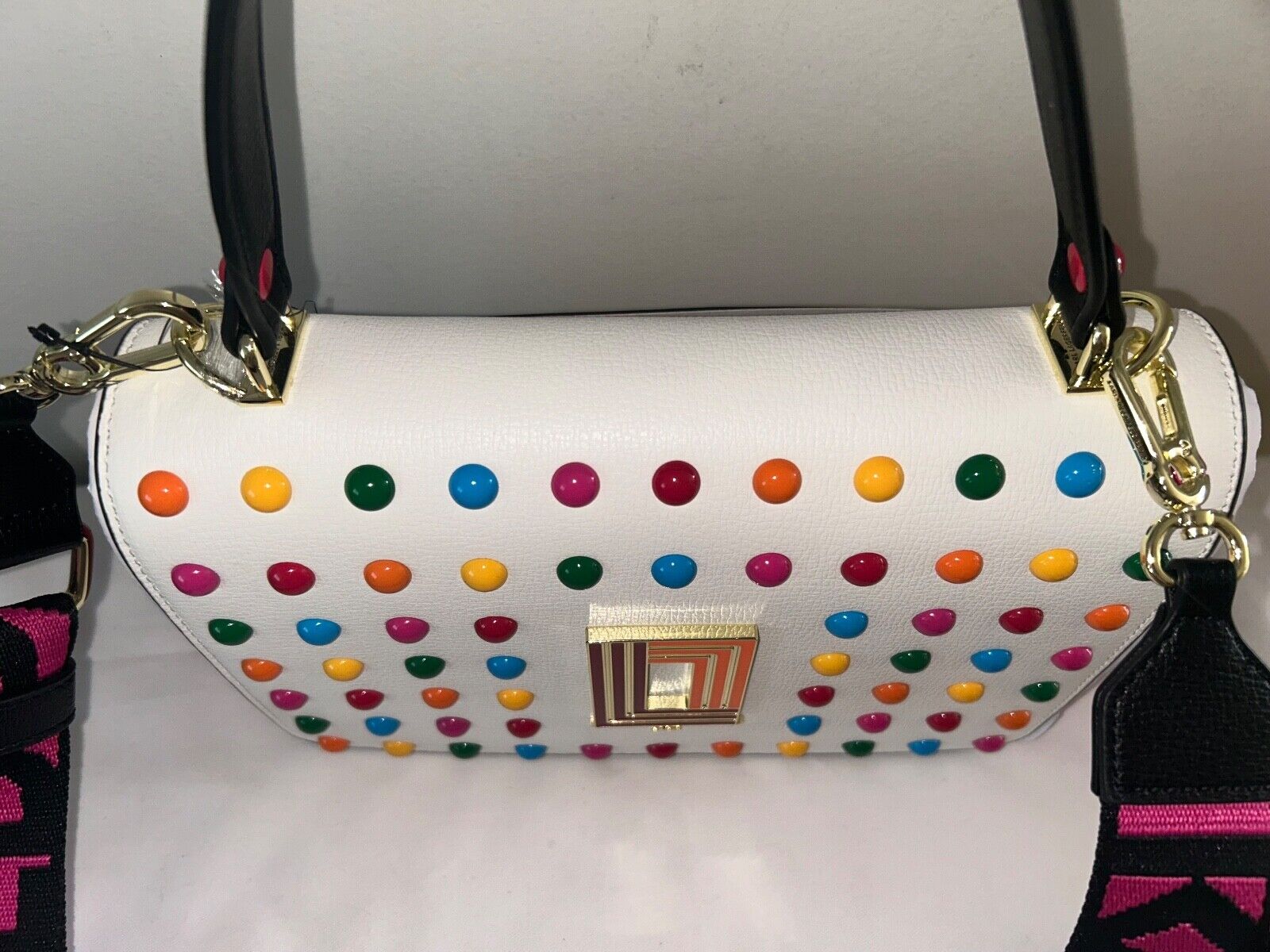 NEW! NWT KARL LAGERFELD Simone Rainbow Studded Crossbody Bag White/Pink Multi