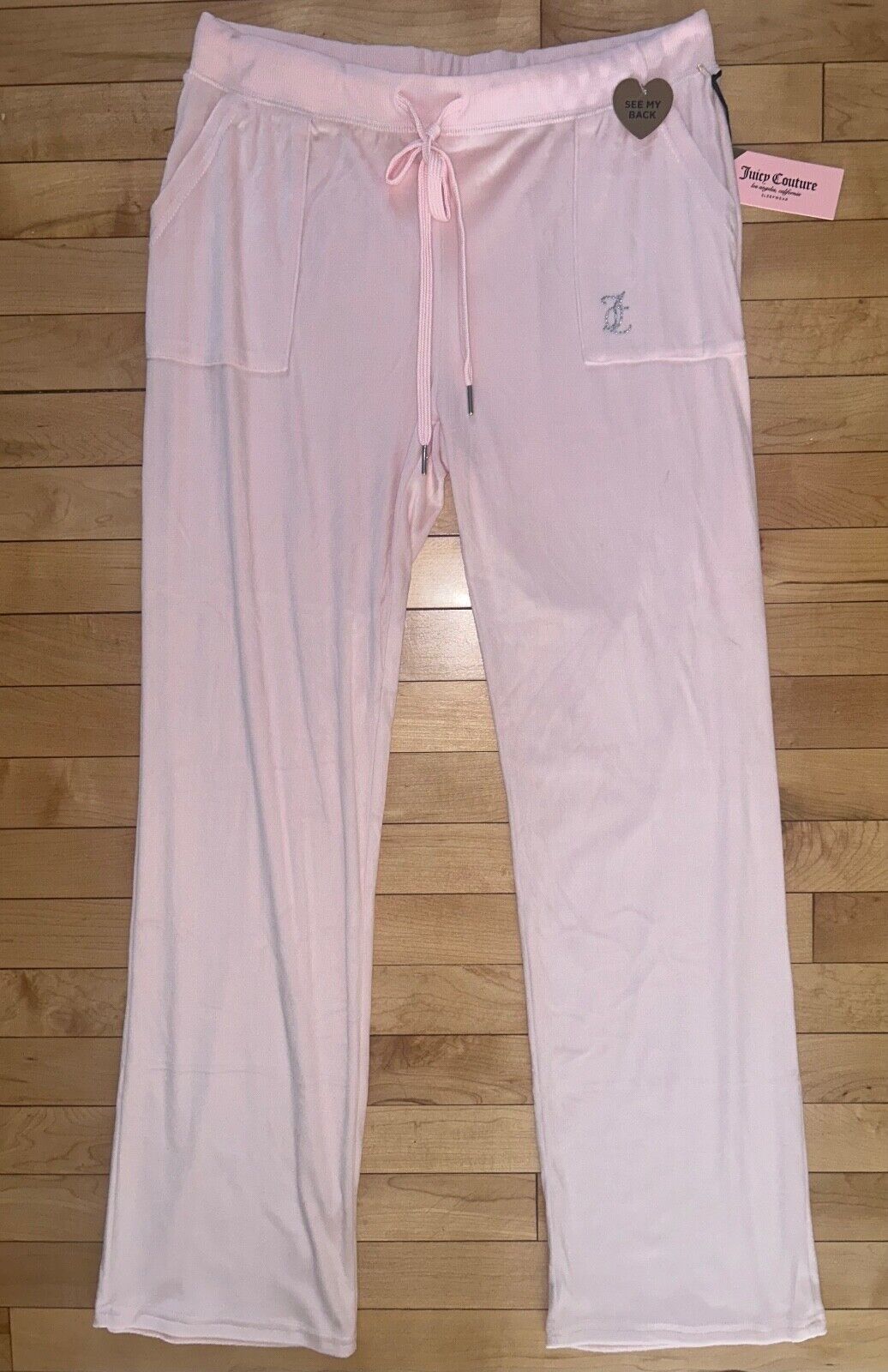 NEW ! NWT JUICY COUTURE Velour OG Big Bling Sweatpants Rock Salt Pink Size L