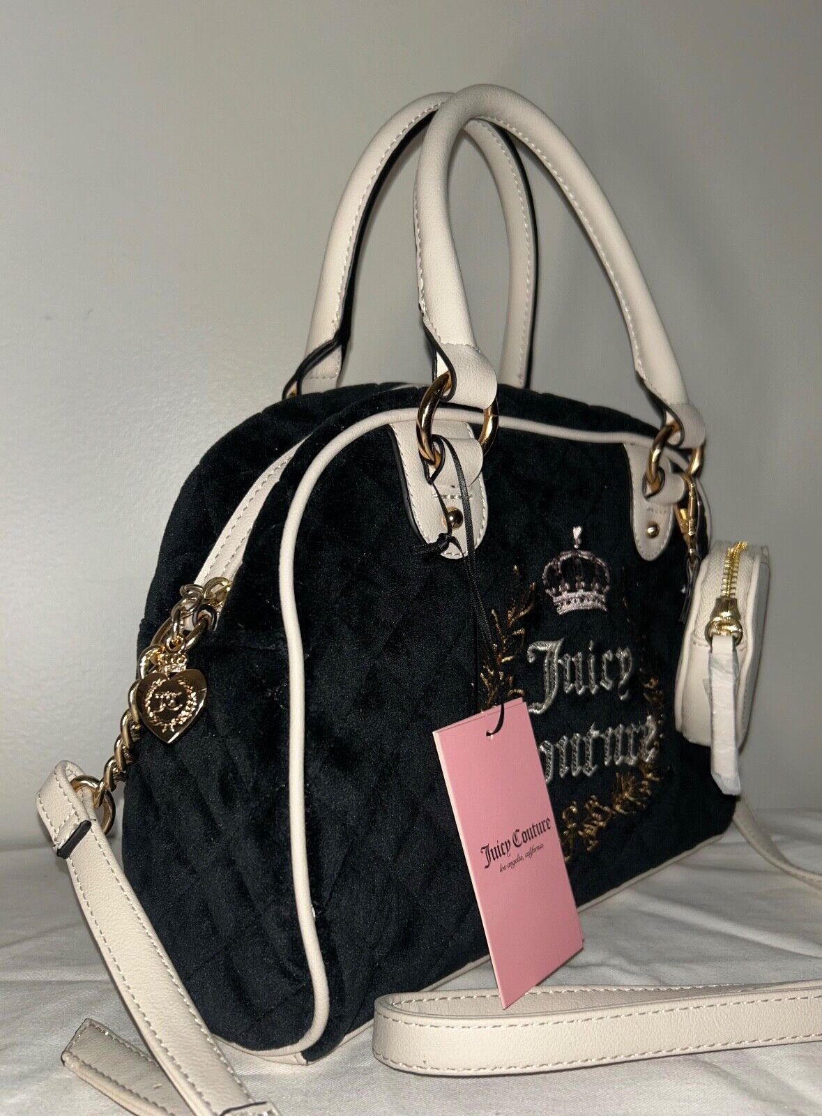 NEW! NWT JUICY COUTURE Royal Moment Velour Quilted Bowler Bag Black/Crystal