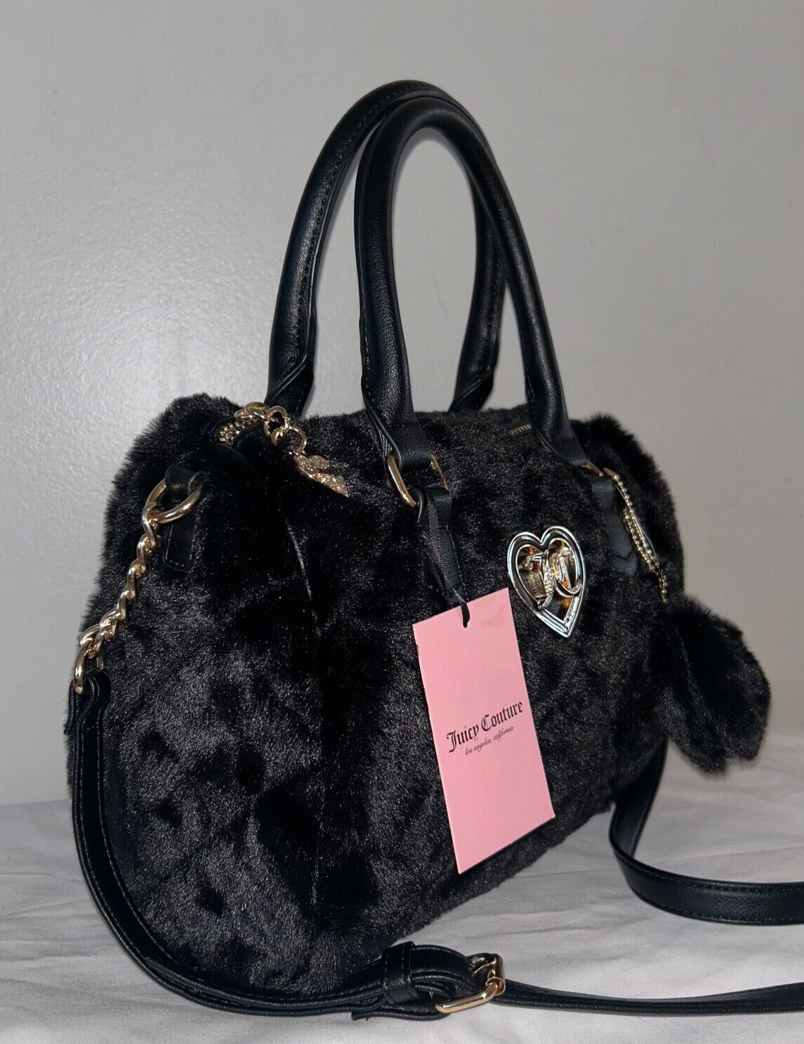 NEW! NWT JUICY COUTURE Lets Get Cozy Faux Fur Satchel Bag Black Liquorice