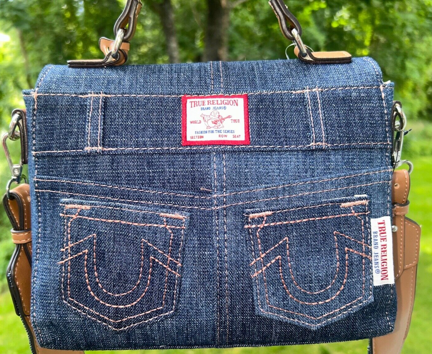 NEW ! NWT TRUE RELIGION Denim Jean Pocket Horseshoe Logo Crossbody Bag