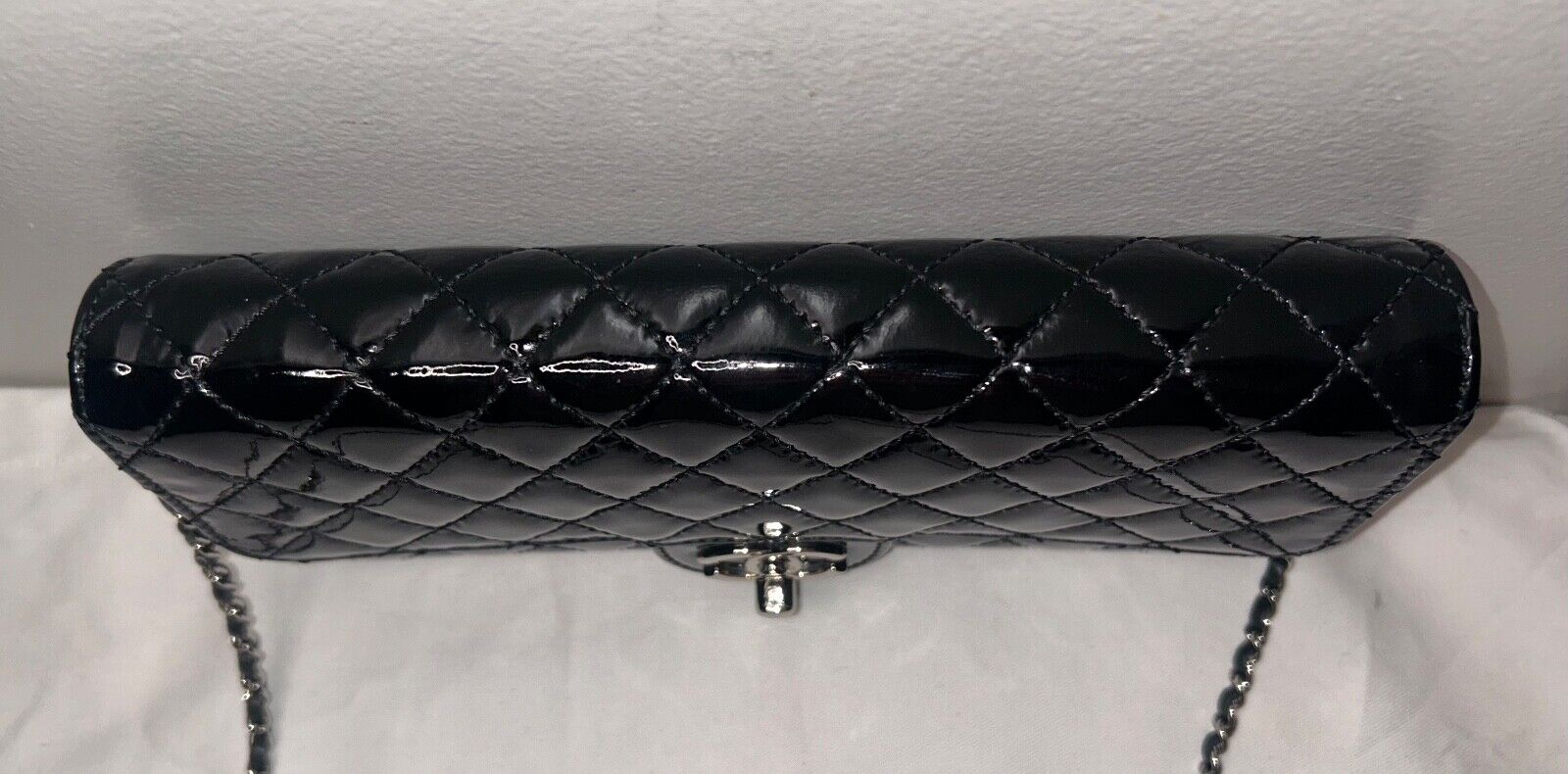 CHANEL Classic Quilted Patent Leather East West WOC Shoulder Bag Black